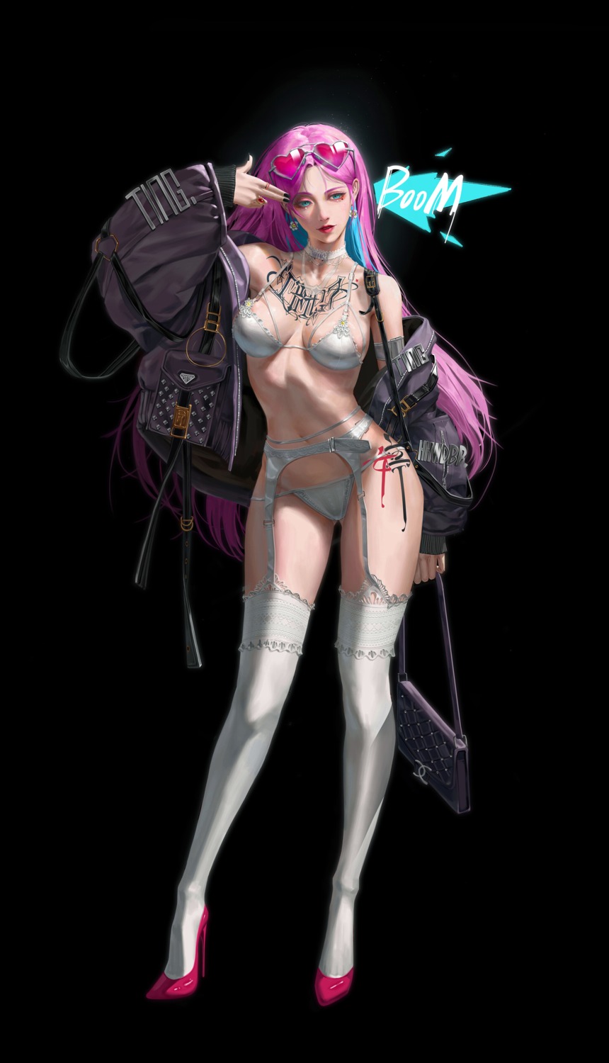 bra garter_belt heels megane open_shirt pantsu string_panties tagme tattoo thighhighs