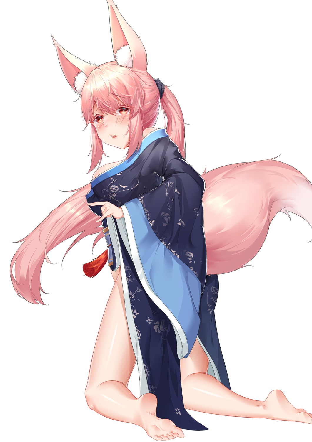 animal_ears feet japanese_clothes kitsune mouma no_bra nopan open_shirt tail