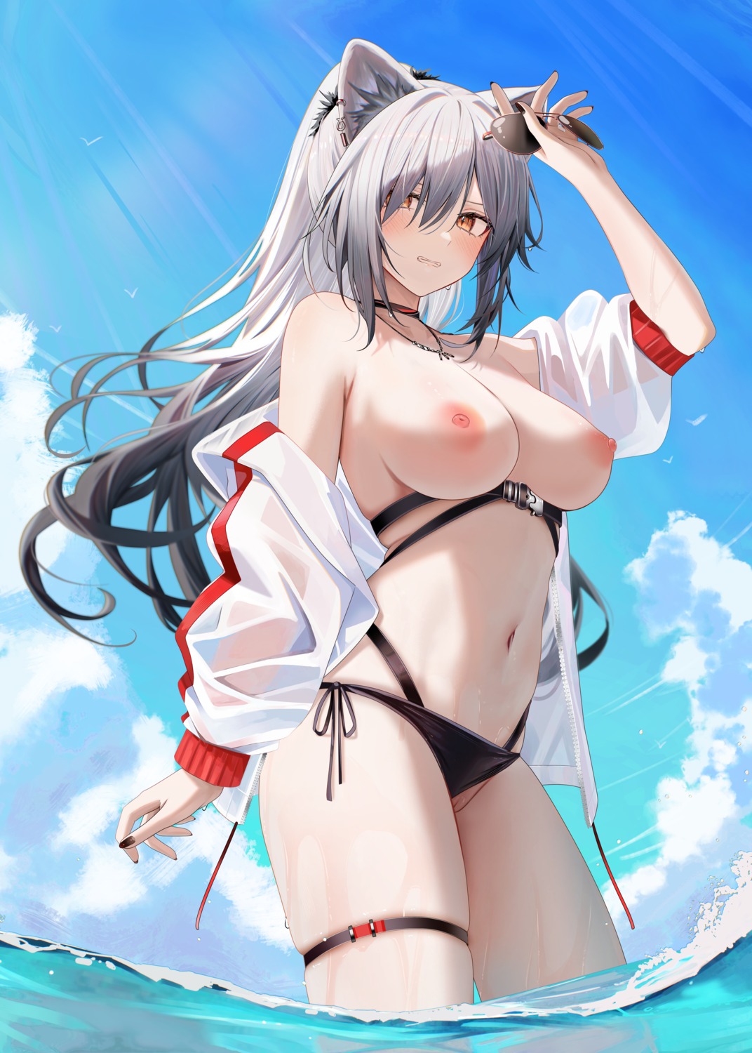 animal_ears arknights bikini breasts garter megane nipples no_bra open_shirt panty_pull pussy ru_zhai schwarz_(arknights) see_through swimsuits thong uncensored wet wet_clothes