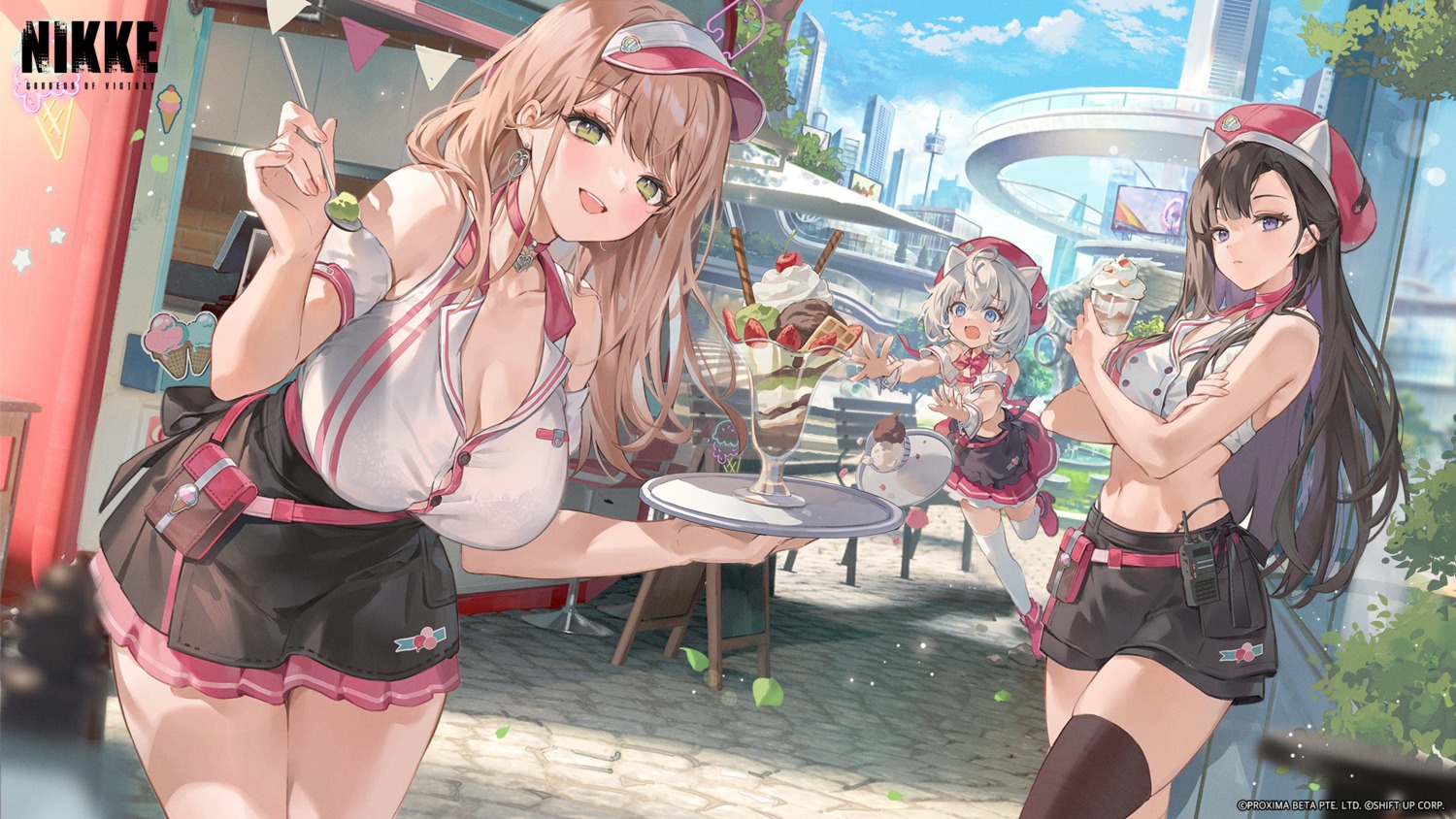 animal_ears cleavage emma_(nikke) eunhwa_(nikke) goddess_of_victory:_nikke heels nekomimi thighhighs vesti waitress wallpaper yeonwa