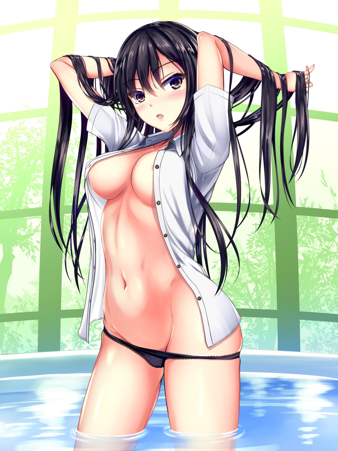 dress_shirt kurokami_(kurokaminohito) no_bra open_shirt pantsu panty_pull wet