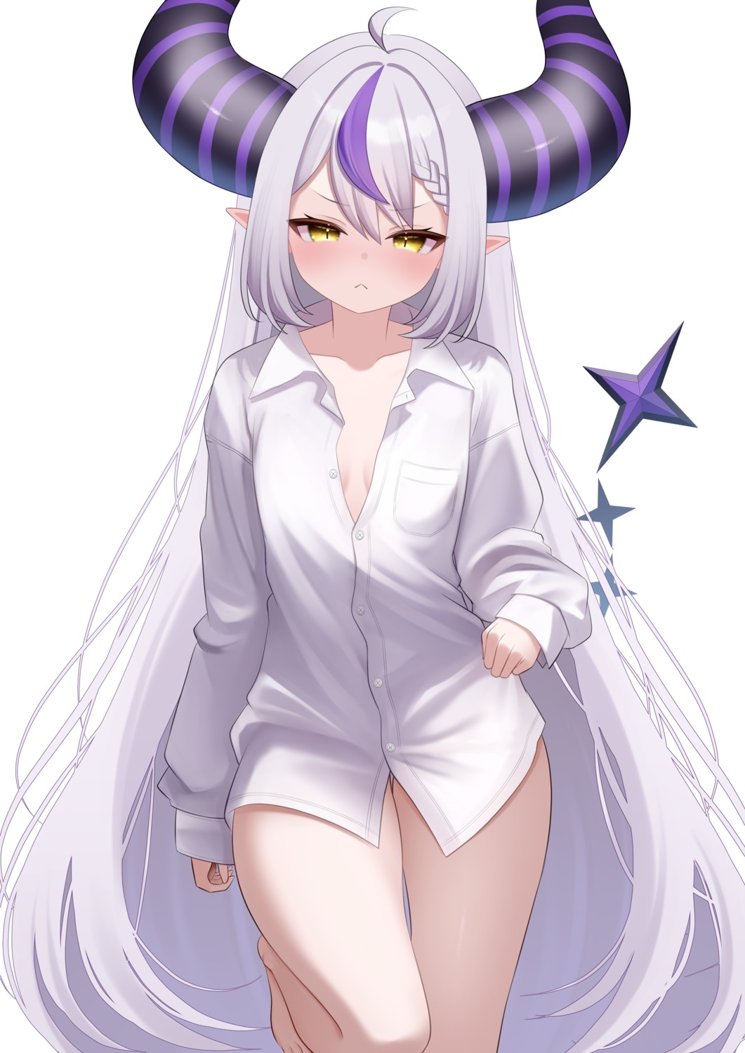 dress_shirt hololive horns la+_darknesss loli nemunekoriru no_bra open_shirt pointy_ears tail