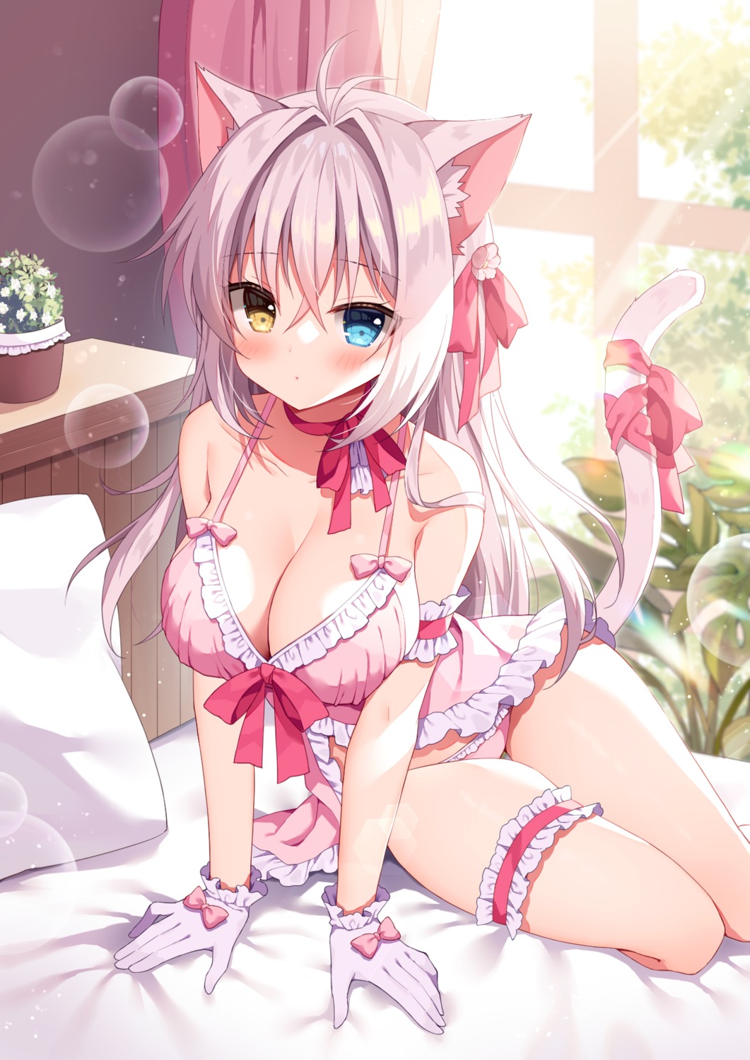 aina_rive animal_ears bra garter heterochromia lingerie mauve nekomimi pantsu tail