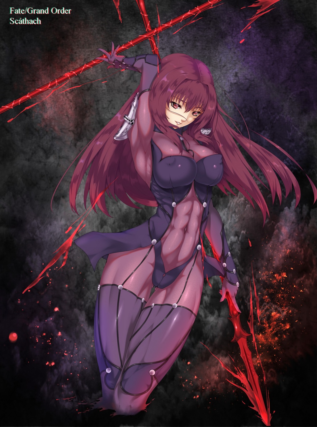 armor bodysuit erect_nipples fate/grand_order kamkac scathach_(fate/grand_order) thighhighs weapon