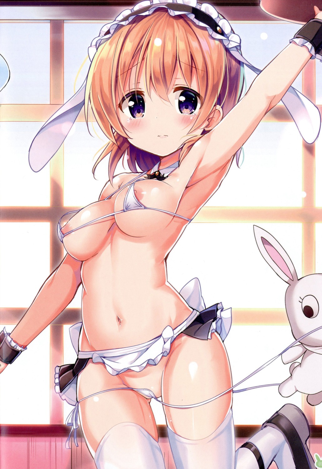 animal_ears bunny_ears gochuumon_wa_usagi_desu_ka? hoto_cocoa kurou_(quadruple_zero) maid nipple_slip swimsuits wardrobe_malfunction