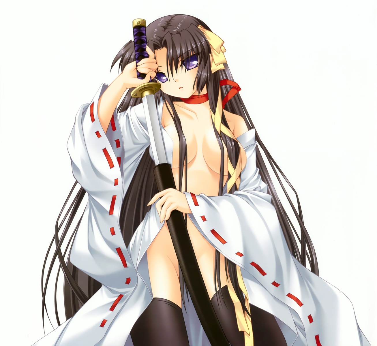 breasts hinoue_itaru key kurugaya_yuiko little_busters! no_bra nopan open_shirt sword thighhighs