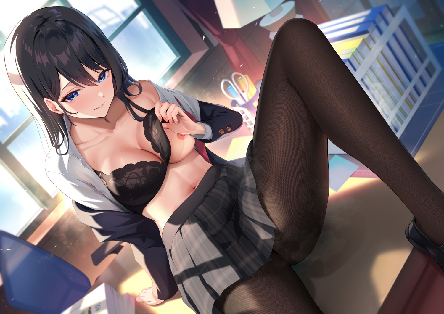 bra breasts maeshimashi nipples open_shirt pantyhose seifuku skirt_lift undressing