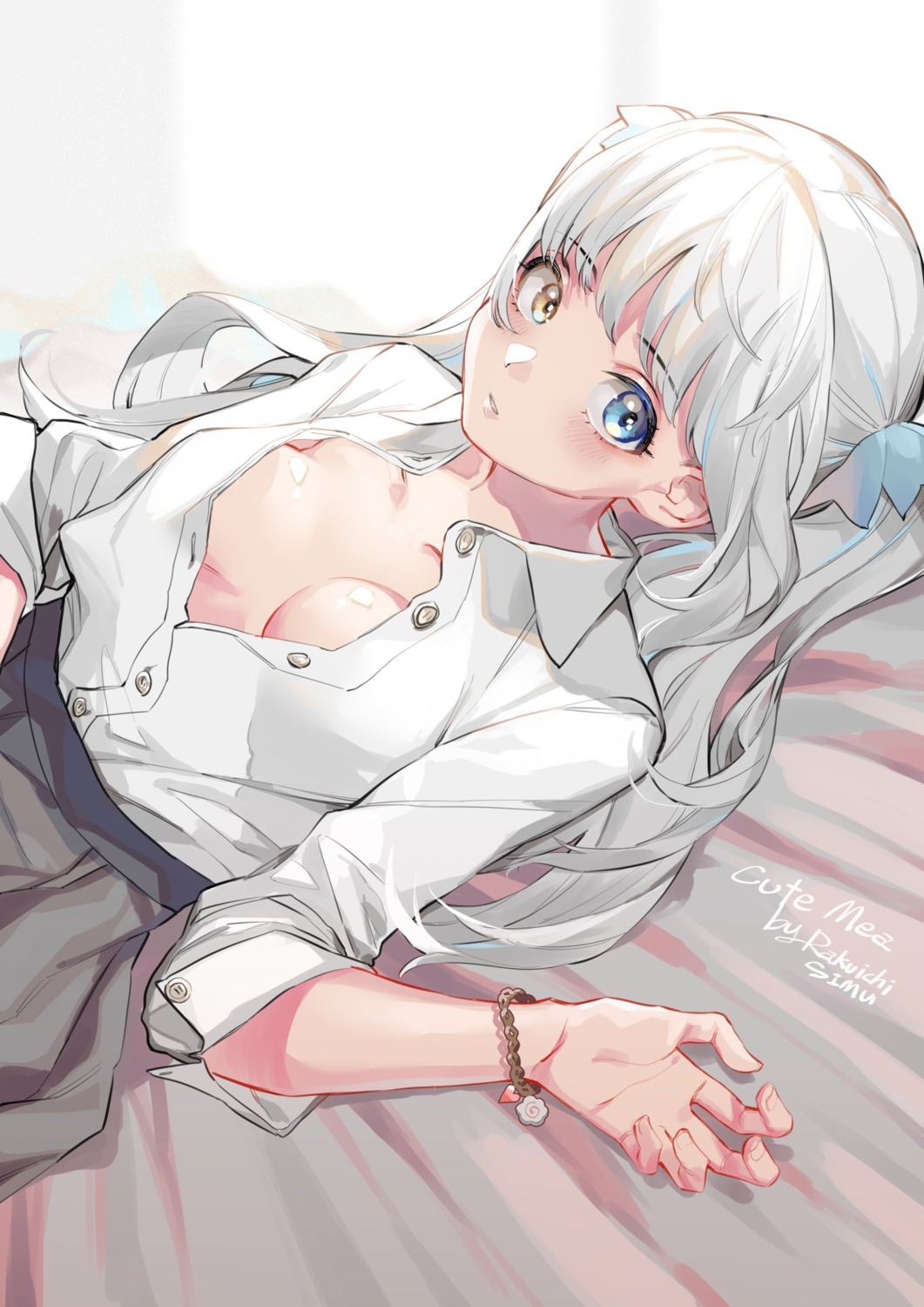 dress_shirt heterochromia kagura_mea kagura_mea_channel no_bra open_shirt rakuichi_simu