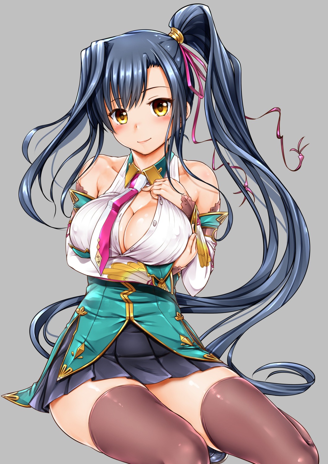 breast_hold cleavage erect_nipples ganari_ryuu kanu koihime_musou no_bra open_shirt thighhighs