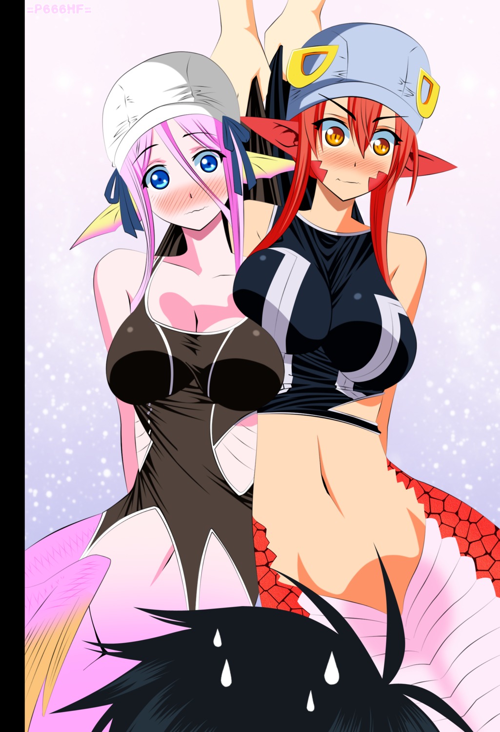 bottomless cleavage codegeman kurusu_kimihito mermaid meroune_lorelei miia_(monster_musume) monster_girl monster_musume_no_iru_nichijou okayado pointy_ears swimsuits tail