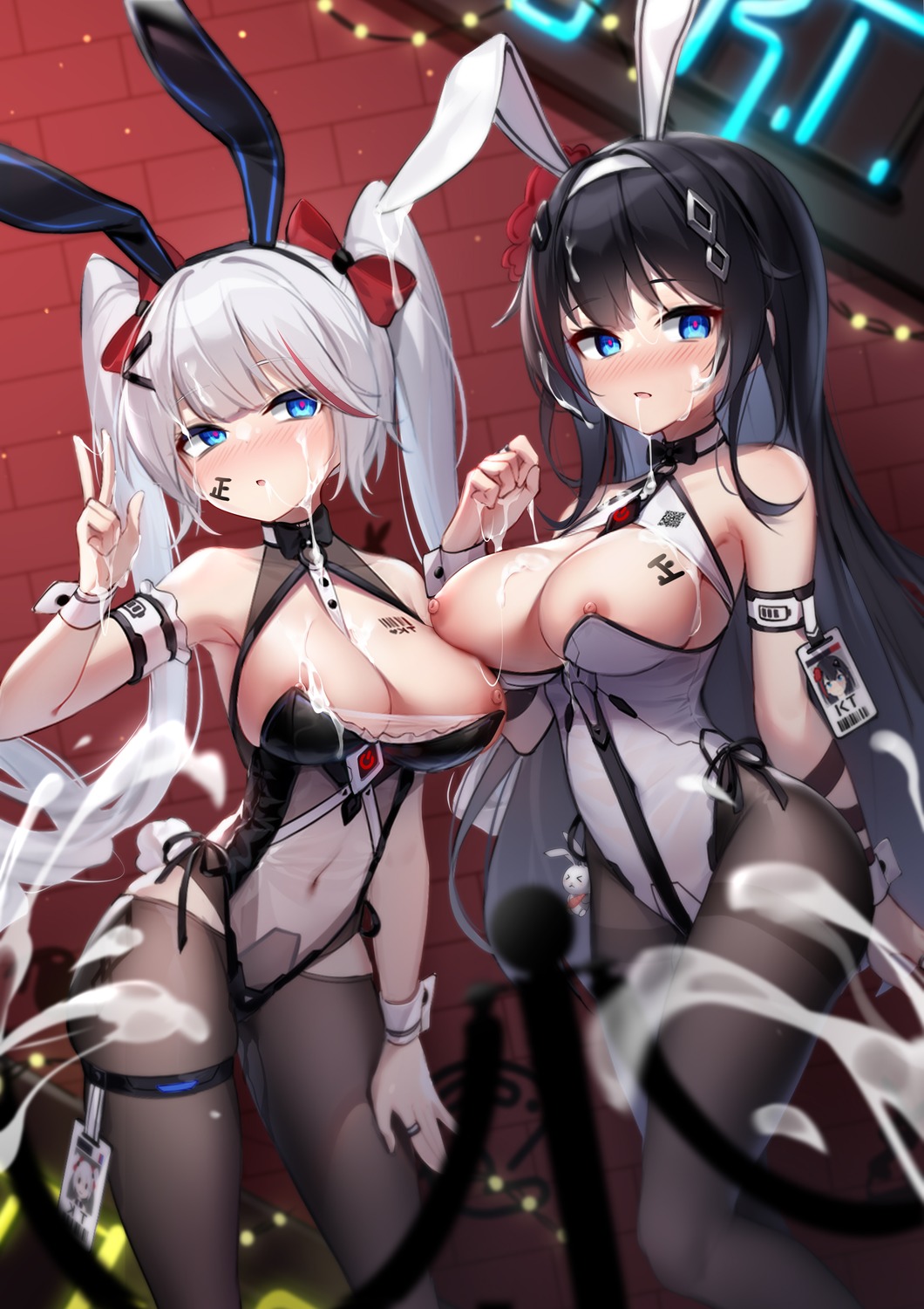 animal_ears breasts bunny_ears bunny_girl cum garter k.t.cube nipple_slip nipples no_bra pantyhose see_through tail tattoo