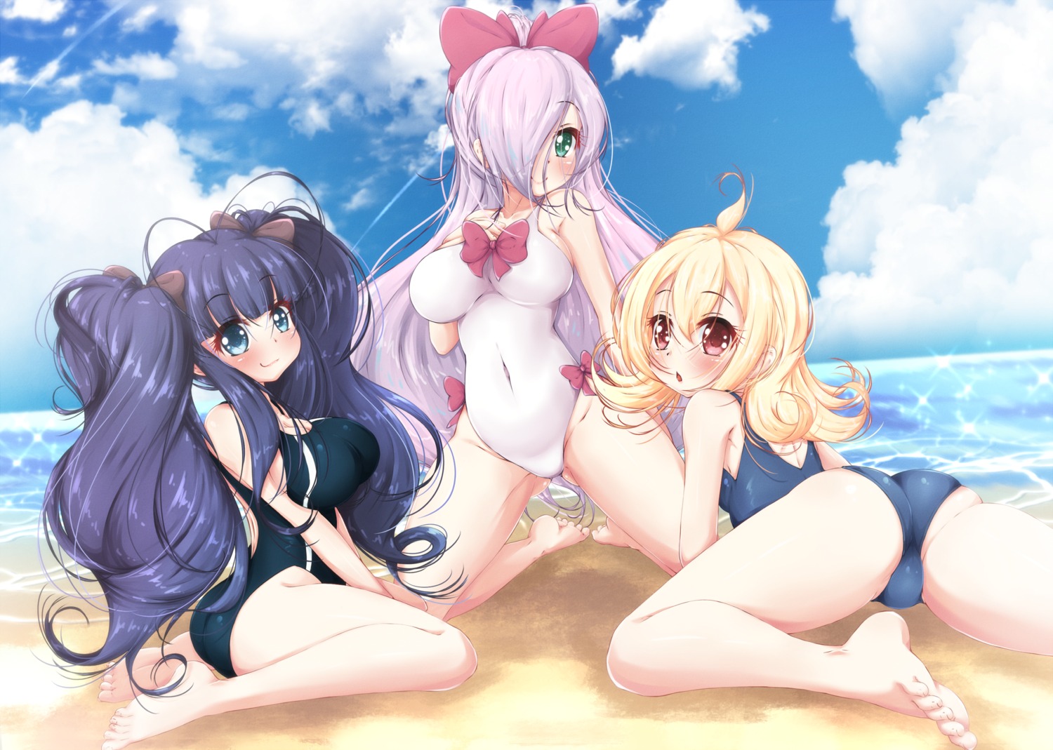 ass breast_hold cleavage ether_core feet swimsuits