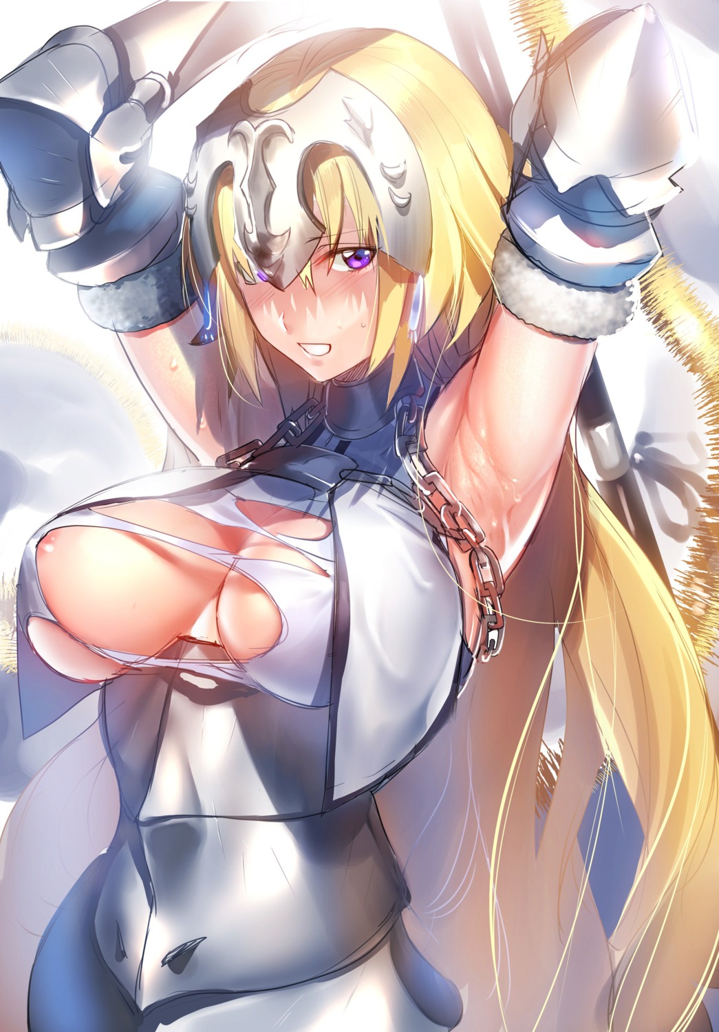 areola armor breasts fate/apocrypha fate/grand_order fate/stay_night jeanne_d'arc jeanne_d'arc_(fate) kurumiya_hato no_bra open_shirt torn_clothes weapon wet
