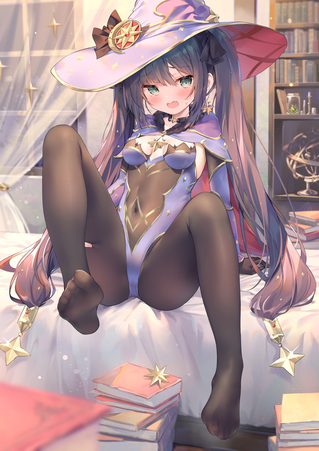 chen_bin feet garter genshin_impact leotard mona_megistus no_bra pantyhose see_through witch