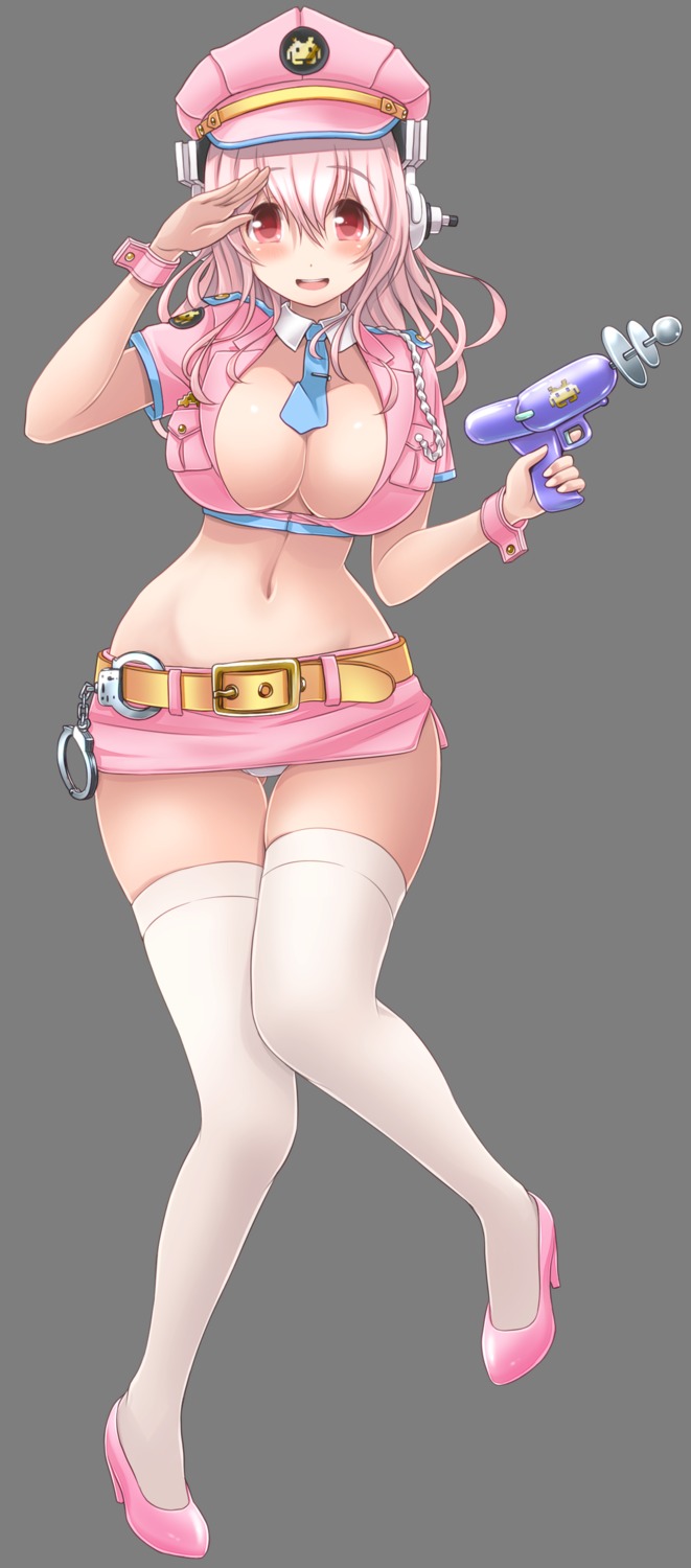 cleavage gun headphones heels mag_kan no_bra pantsu police_uniform sonico super_sonico thighhighs transparent_png v-mag