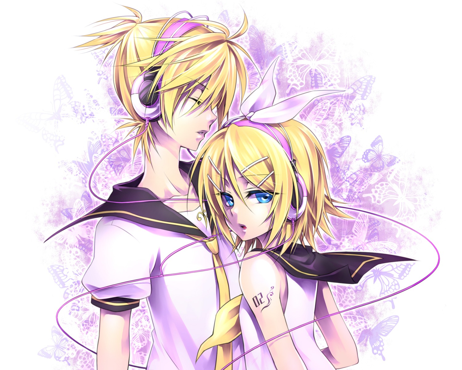 headphones kagamine_len kagamine_rin ueno_tsuki vocaloid