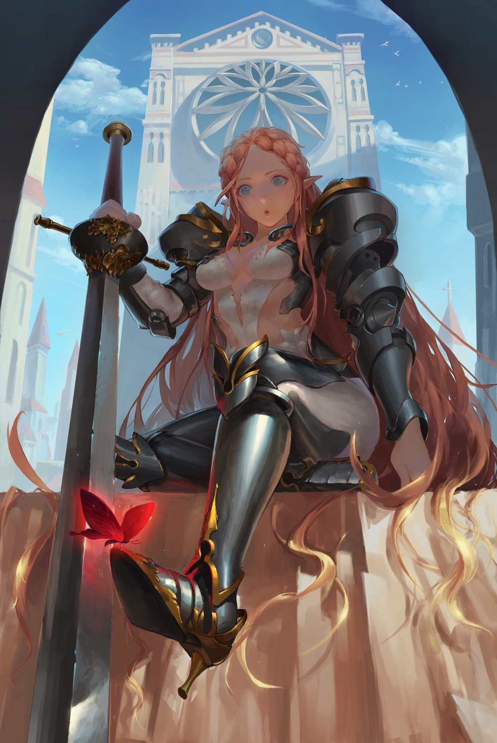 armor cleavage heels no_bra pointy_ears sword yoyoo