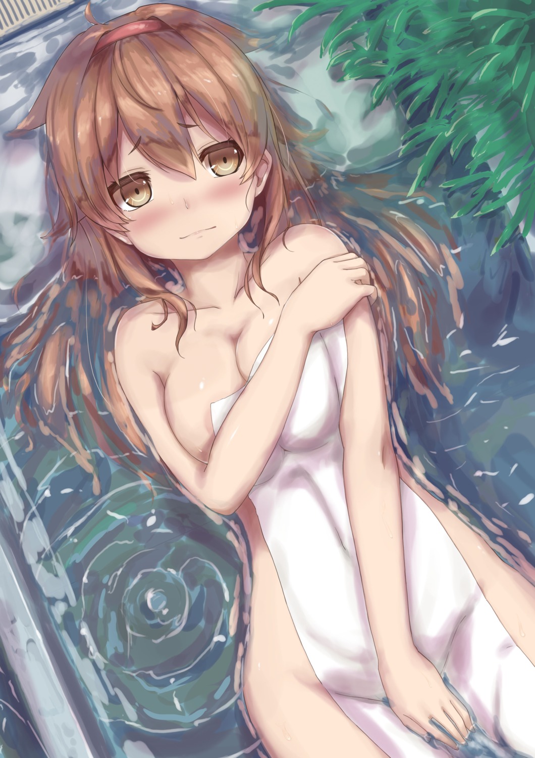 areola breast_hold kantai_collection naked shiratsuyu_(kancolle) towel wet yamataka
