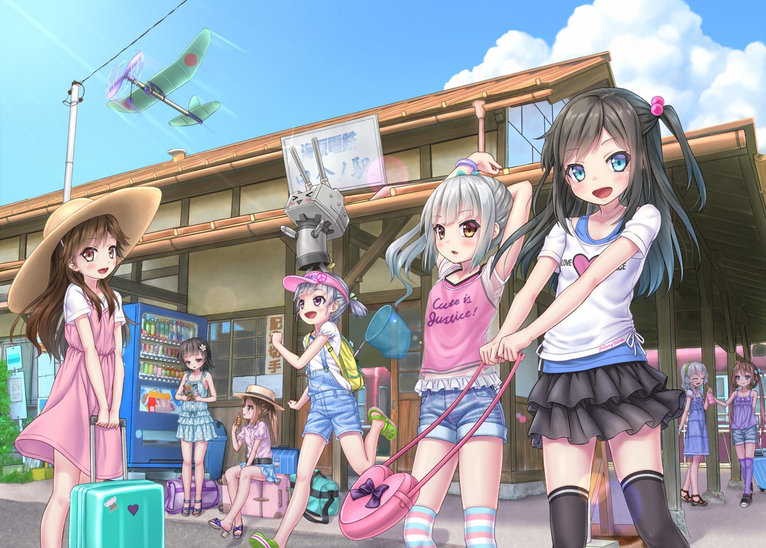 arare_(kancolle) arashio_(kancolle) asagumo_(kancolle) asashio_(kancolle) dress gotou_hisashi kantai_collection kasumi_(kancolle) michishio_(kancolle) ooshio_(kancolle) see_through summer_dress thighhighs yamagumo_(kancolle)