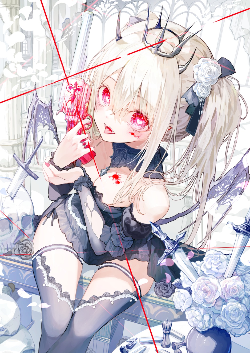 blood devil dress garter gun horns lolita_fashion negimapurinn no_bra pointy_ears thighhighs torn_clothes wings