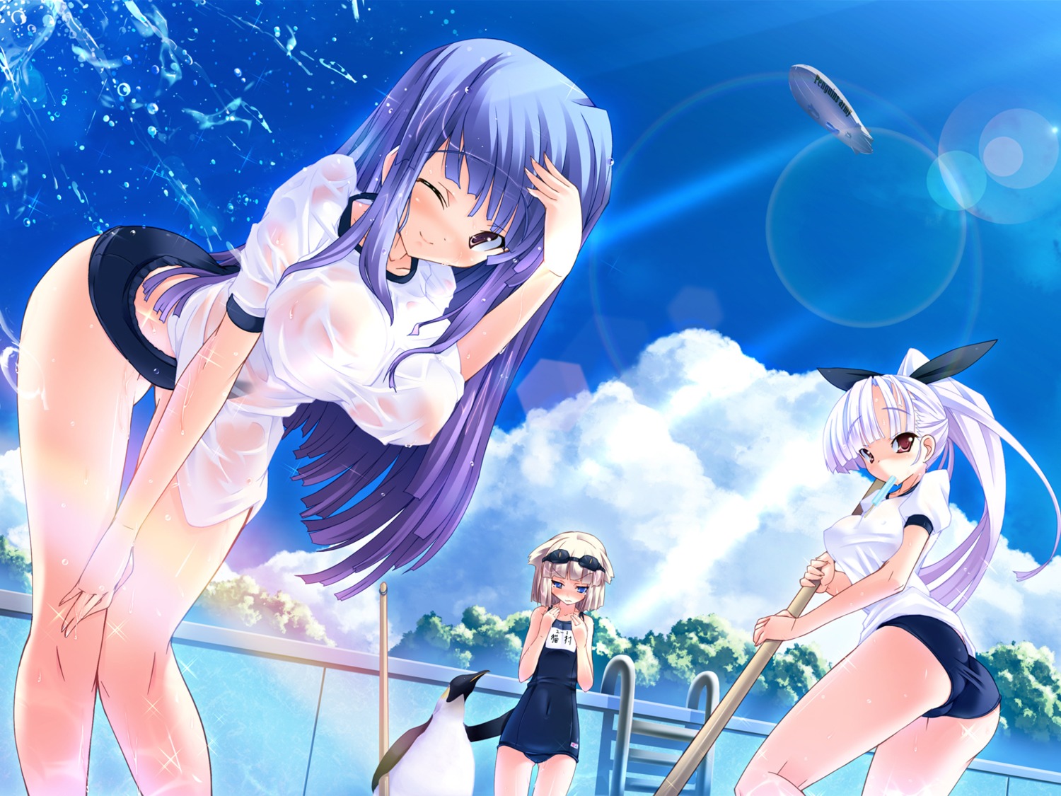 buruma gym_uniform penguin school_swimsuit see_through swimsuits torisan wallpaper wet wet_clothes