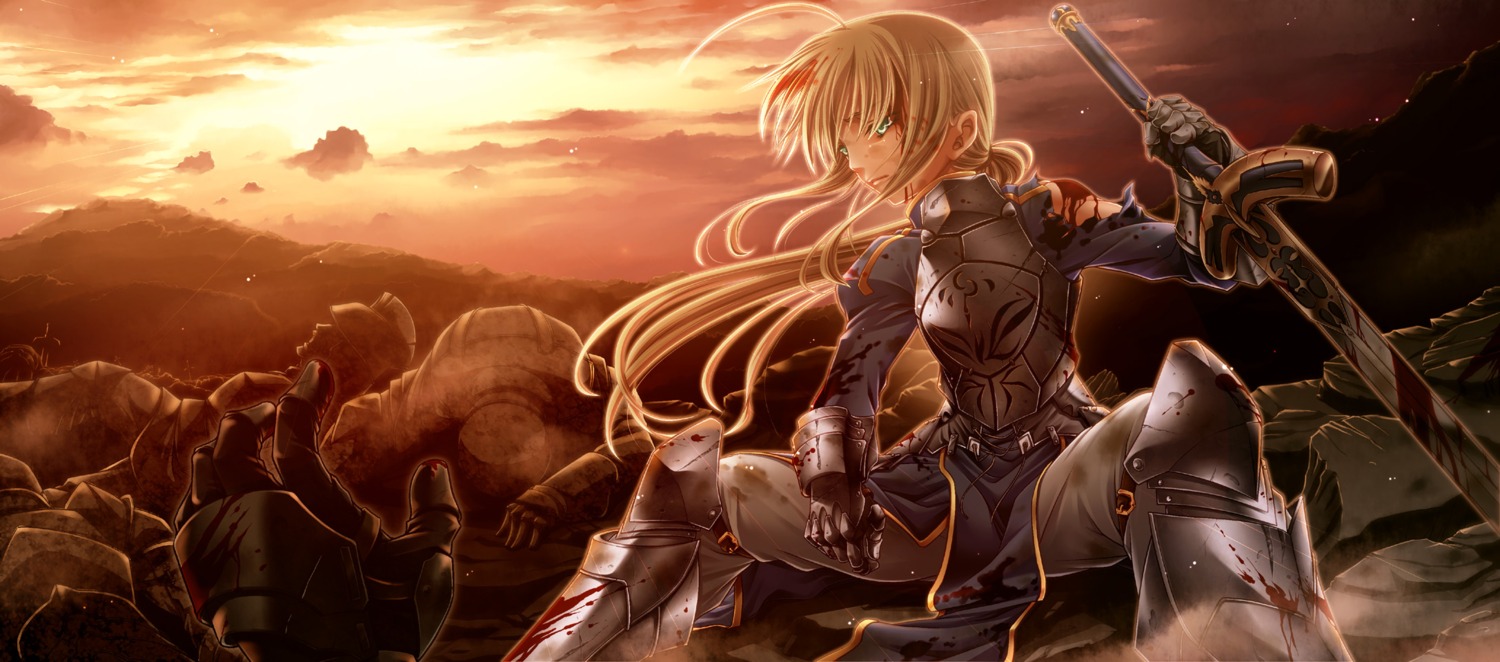 armor artoria_pendragon_(fate) blood fate/stay_night landscape sword uraomote