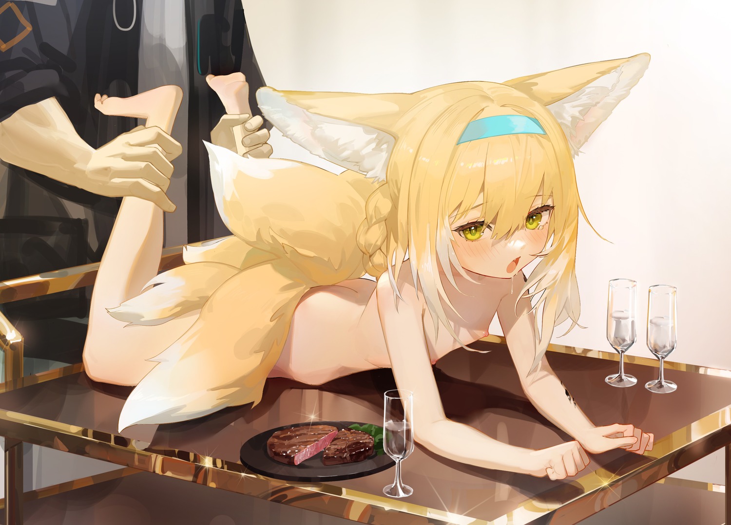 animal_ears arknights kitsune leiq loli naked nipples suzuran_(arknights) tail