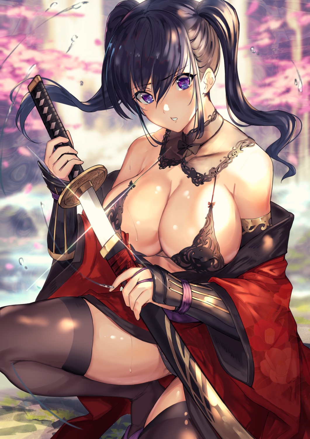 bra japanese_clothes matsumoto_mitsuaki open_shirt pantsu skirt_lift sword thighhighs