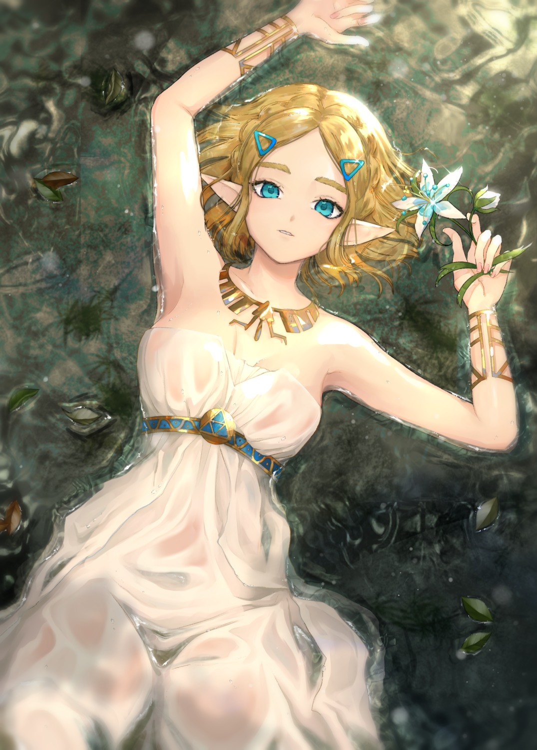 dress nelly_(altsarespicy) no_bra pointy_ears princess_zelda see_through the_legend_of_zelda wet wet_clothes