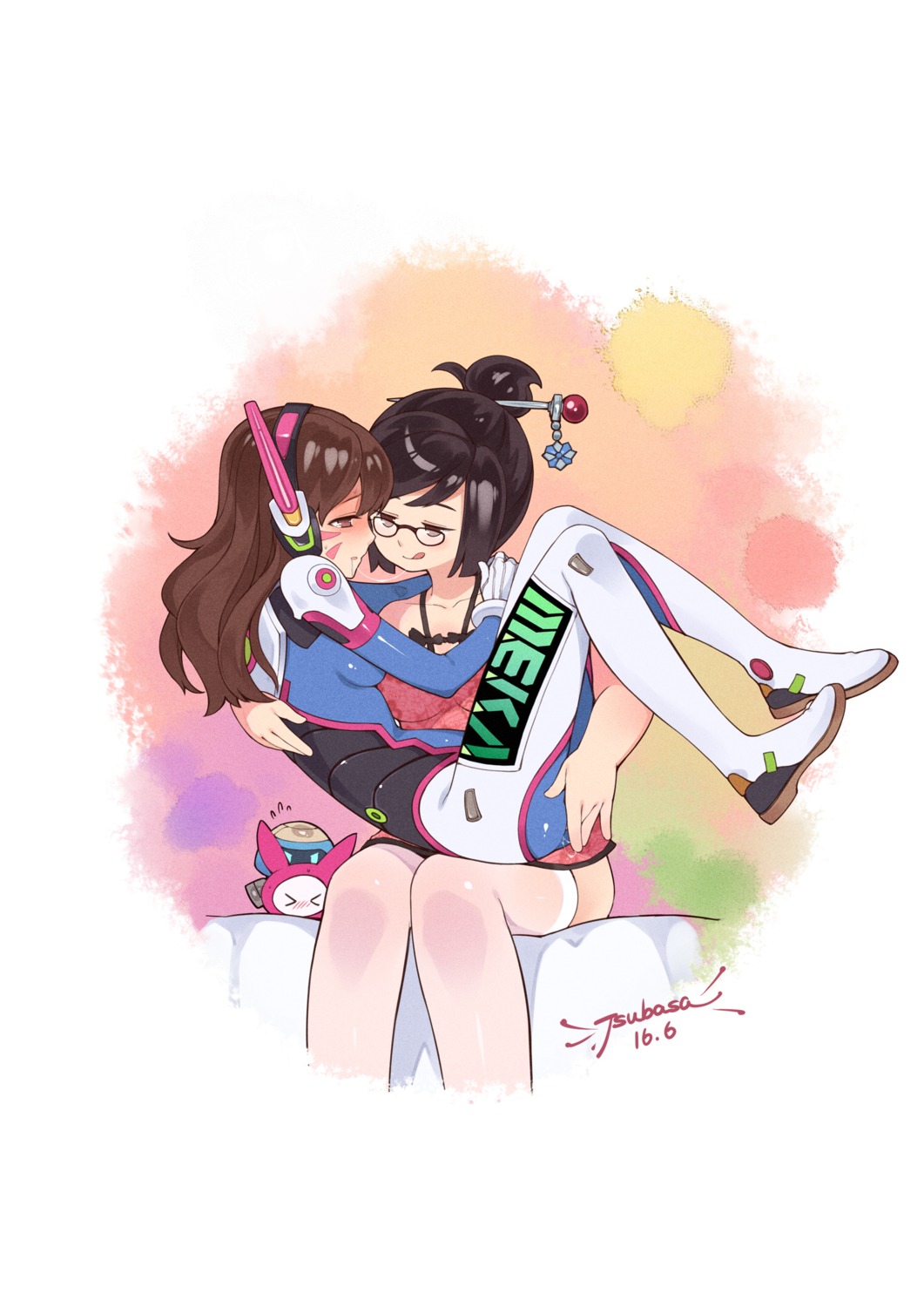 bodysuit d.va fingering headphones megane mei_(overwatch) overwatch pussy_juice thighhighs tsubasa_tsubasa yuri