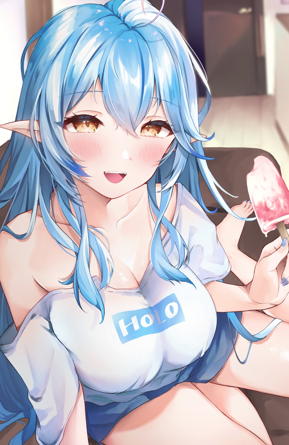 cleavage elf hololive no_bra open_shirt pointy_ears sosuke_(yrmon) yukihana_lamy