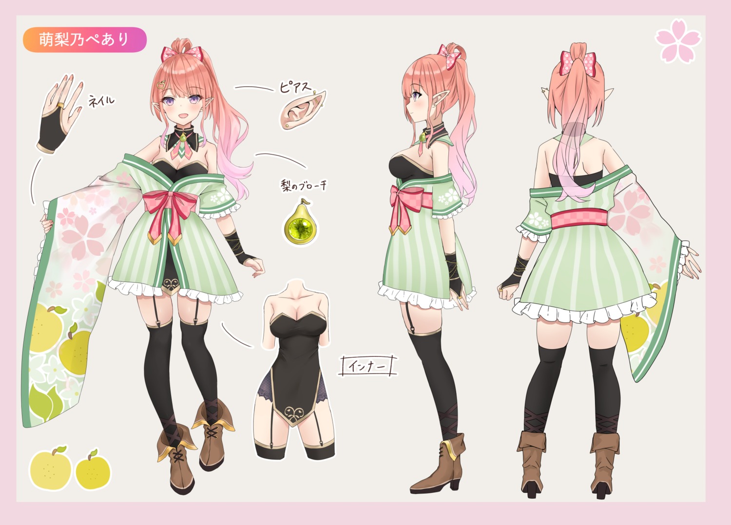 akino_ell character_design cleavage heels japanese_clothes no_bra pointy_ears stockings thighhighs