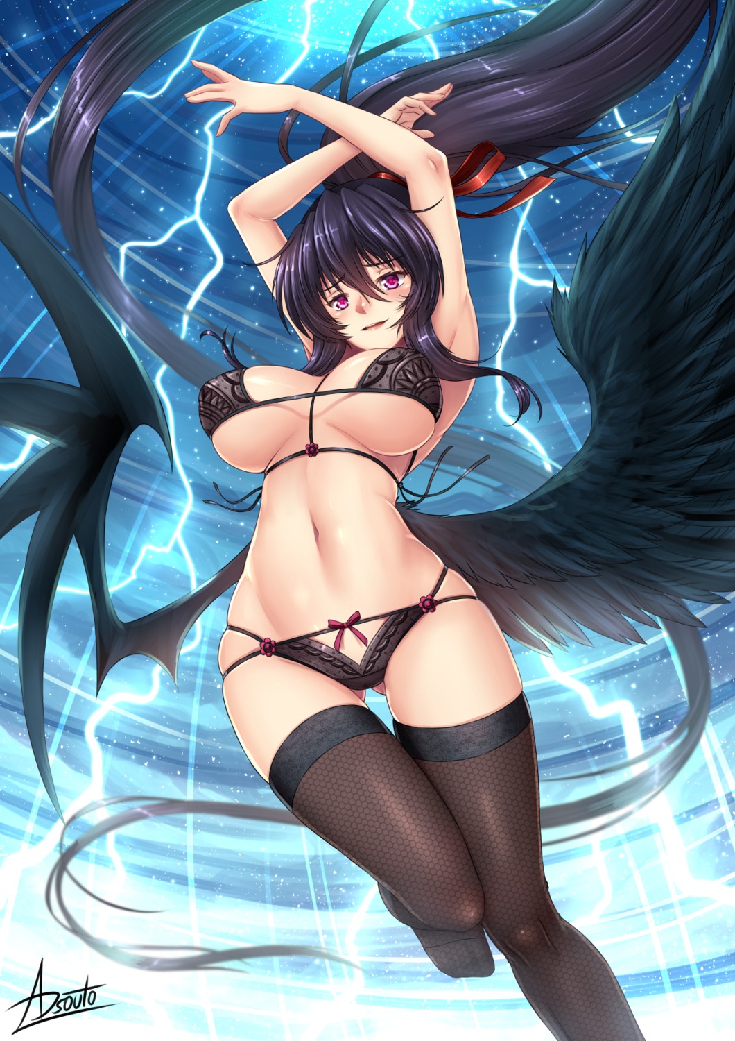 adsouto bra fishnets high_school_dxd_hero highschool_dxd himejima_akeno pantsu thighhighs underboob wings