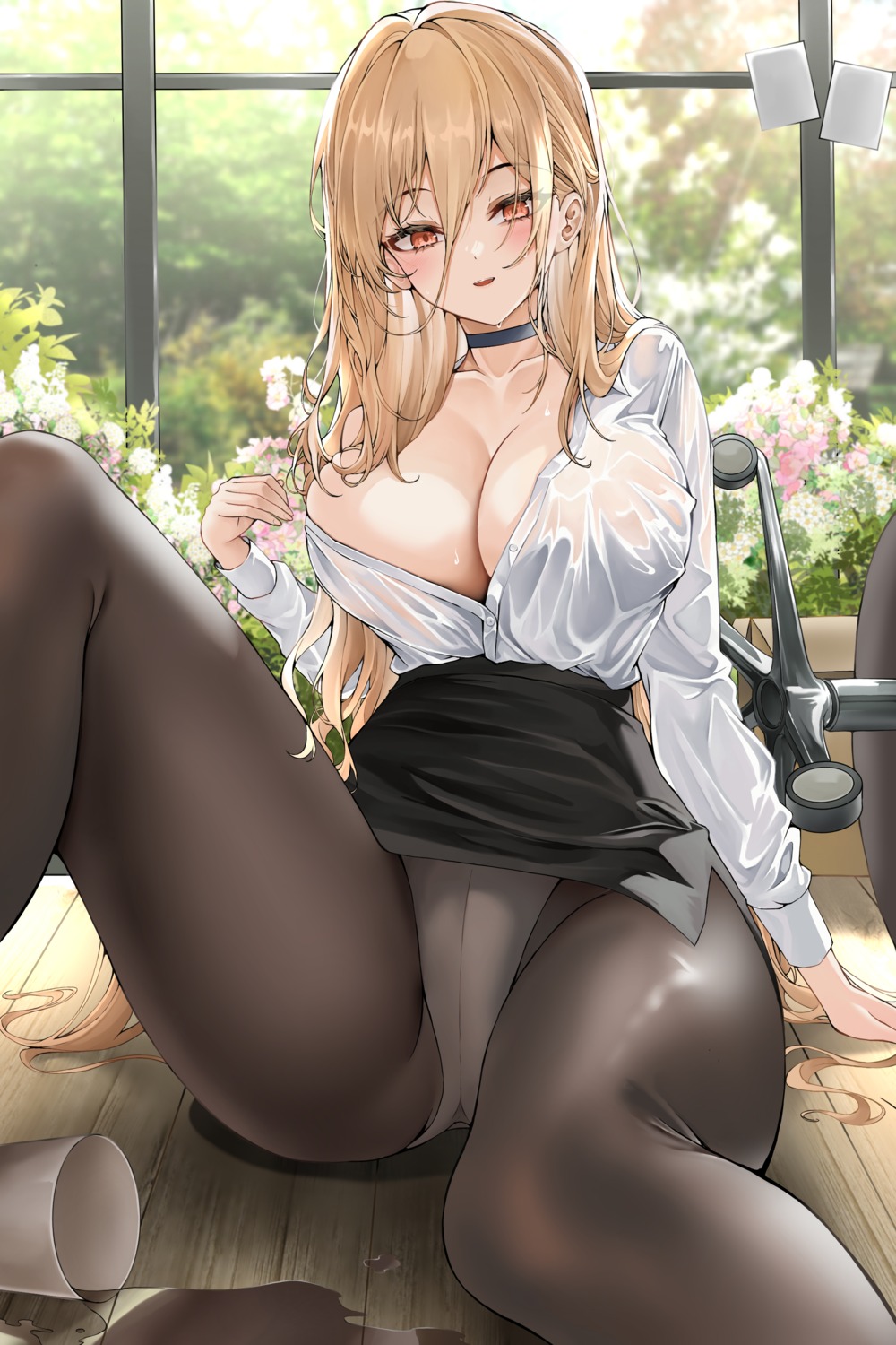 azur_lane dress_shirt implacable_(azur_lane) lds_(dstwins97) no_bra open_shirt pantsu pantyhose see_through skirt_lift thong wet wet_clothes