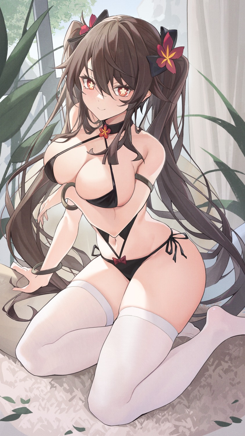 bikini breast_hold genshin_impact hu_tao swimsuits thighhighs youxuemingdie