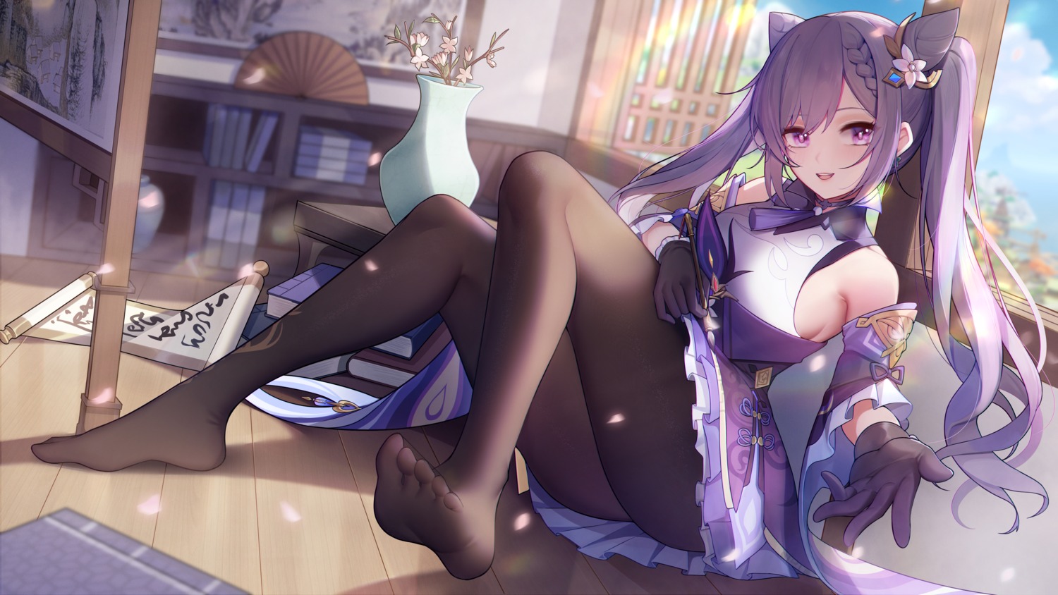 asian_clothes feet genshin_impact keqing no_bra pantyhose skirt_lift xingchee