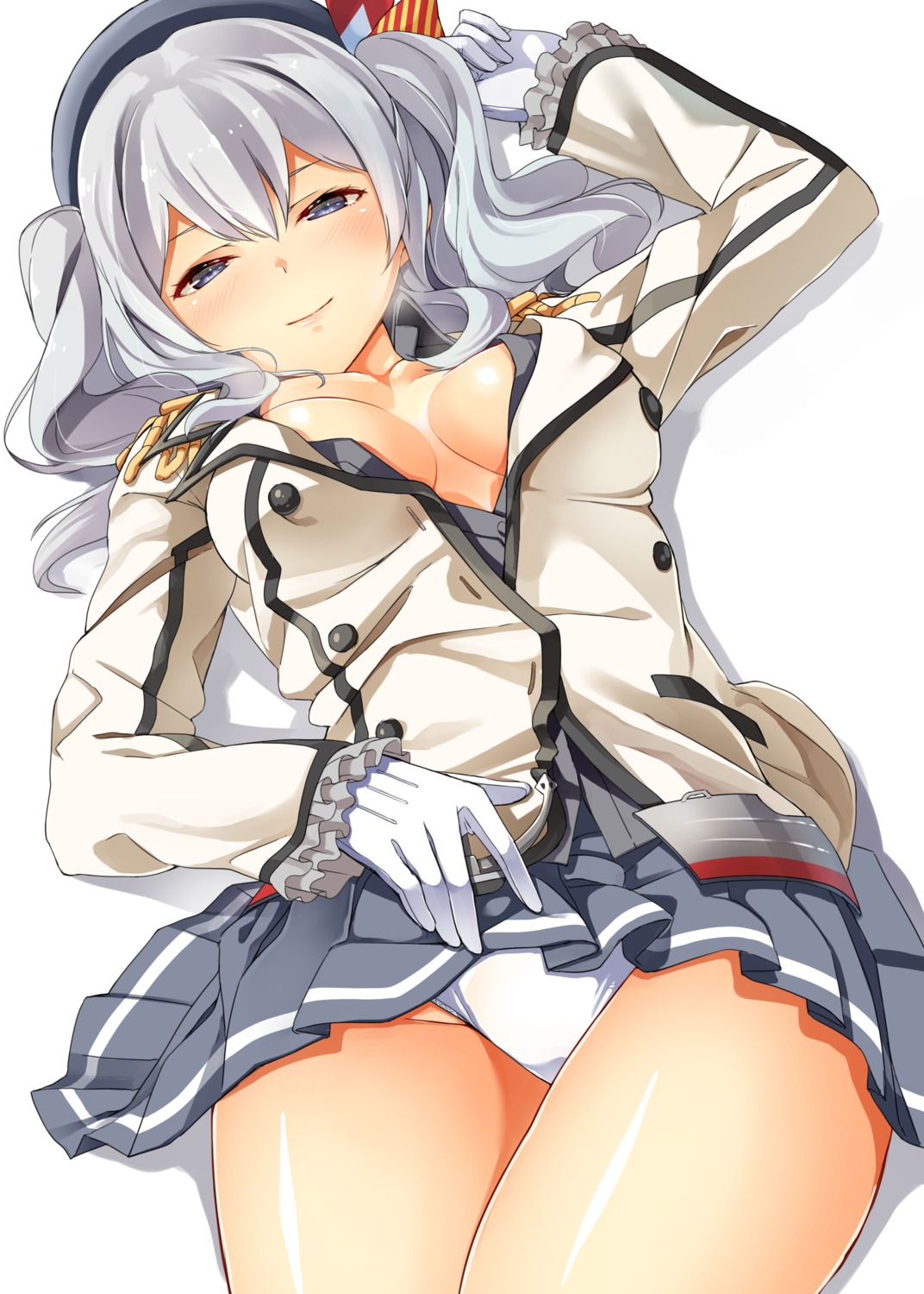 byte_(allbyte) cleavage kantai_collection kashima_(kancolle) no_bra open_shirt pantsu skirt_lift uniform