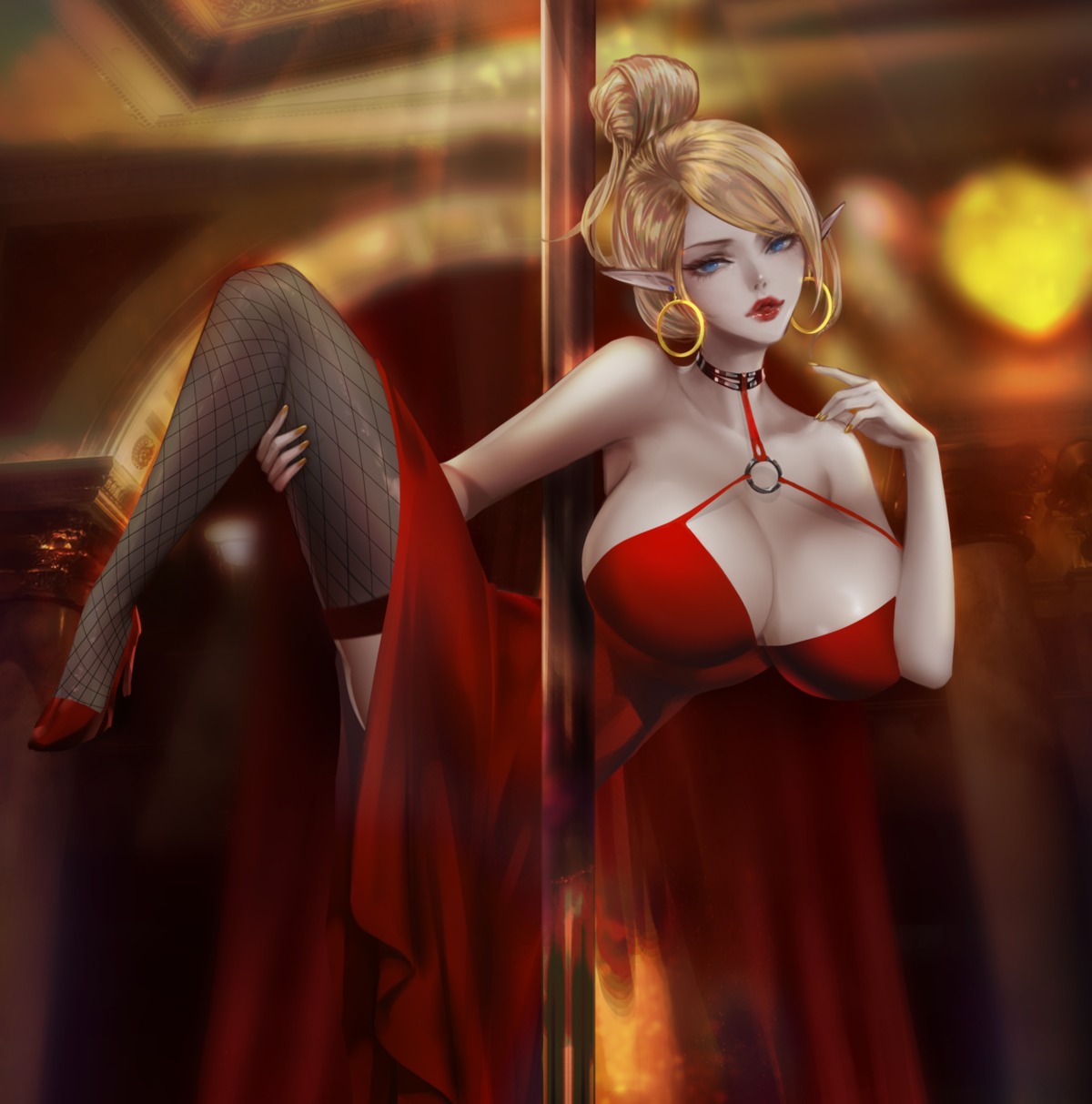 cleavage dress dungeon_fighter fishnets heels lohel no_bra pointy_ears skirt_lift