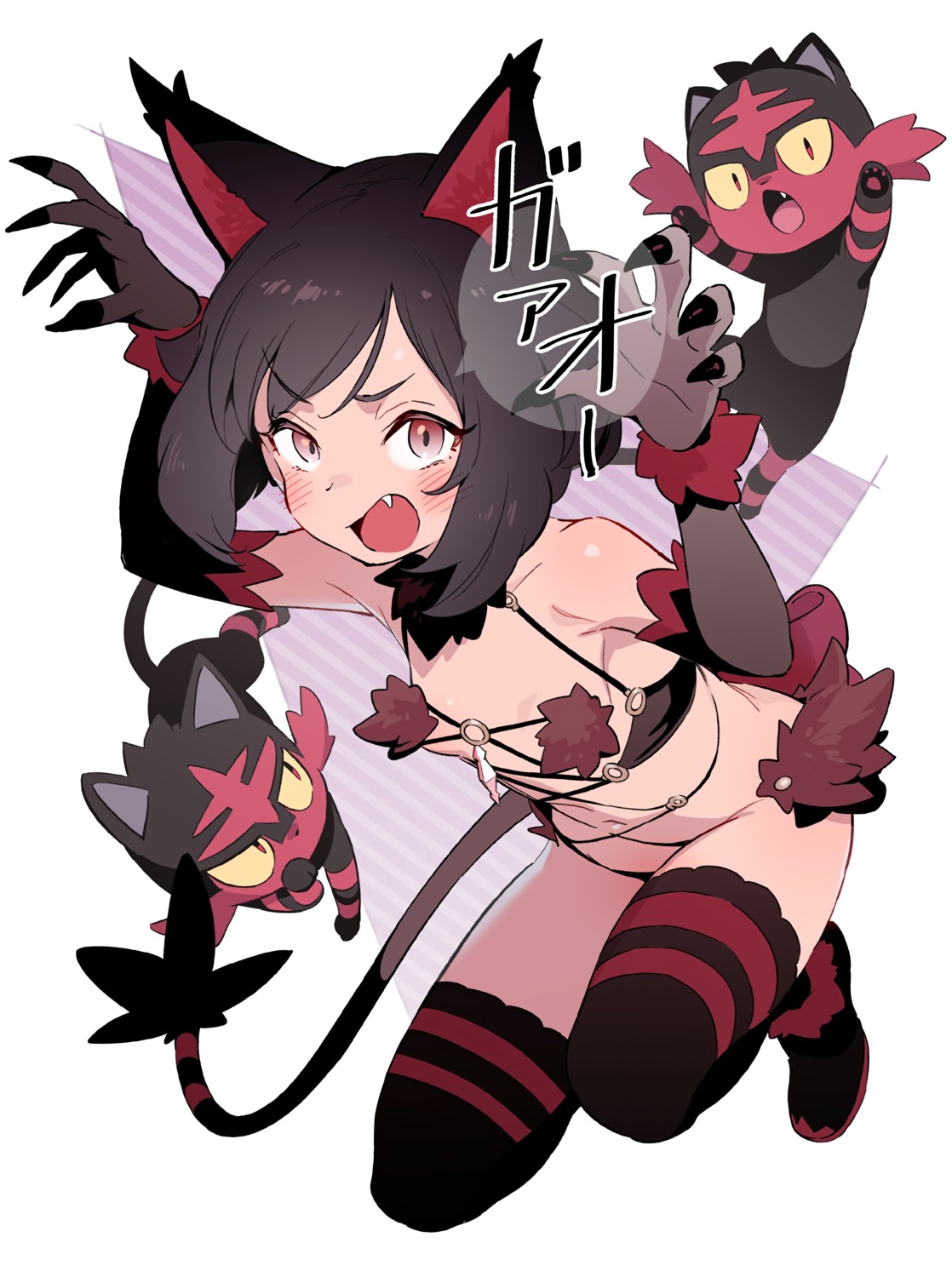 animal_ears litten mizuki_(pokemon) no_bra pantsu pokemon pokemon_sm tail thighhighs toku_(ke7416613)