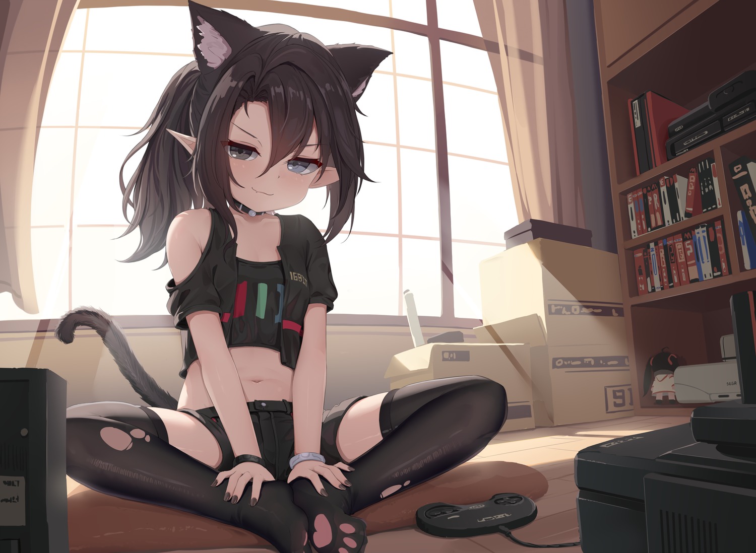 animal_ears nekomimi pointy_ears tail tenroy thighhighs torn_clothes