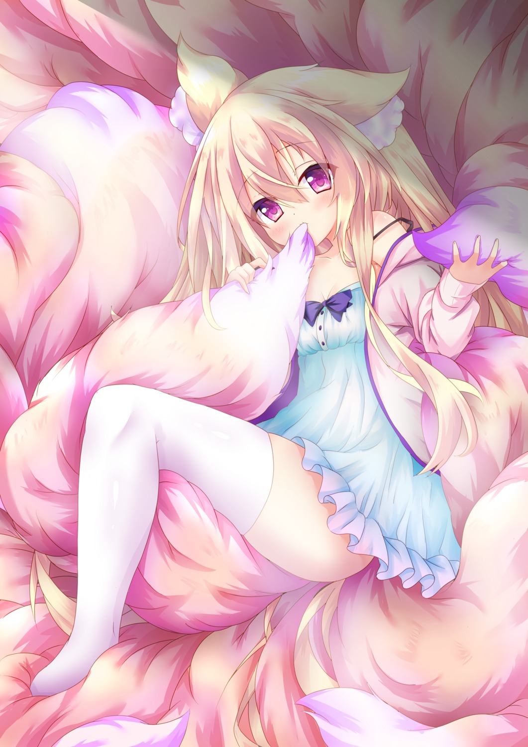 animal_ears cleavage dress kitsune kitsune_mugi_nyan skirt_lift tail thighhighs