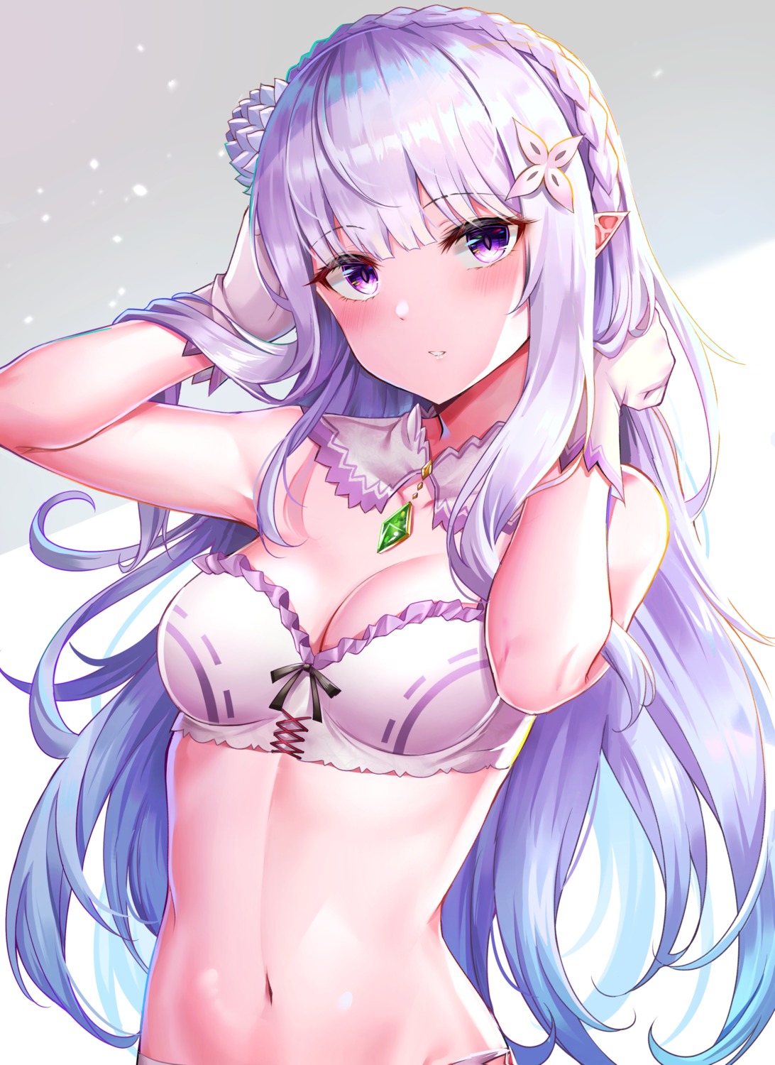 bra cleavage elf emilia_(re_zero) pantsu pointy_ears re_zero_kara_hajimeru_isekai_seikatsu sunhyun