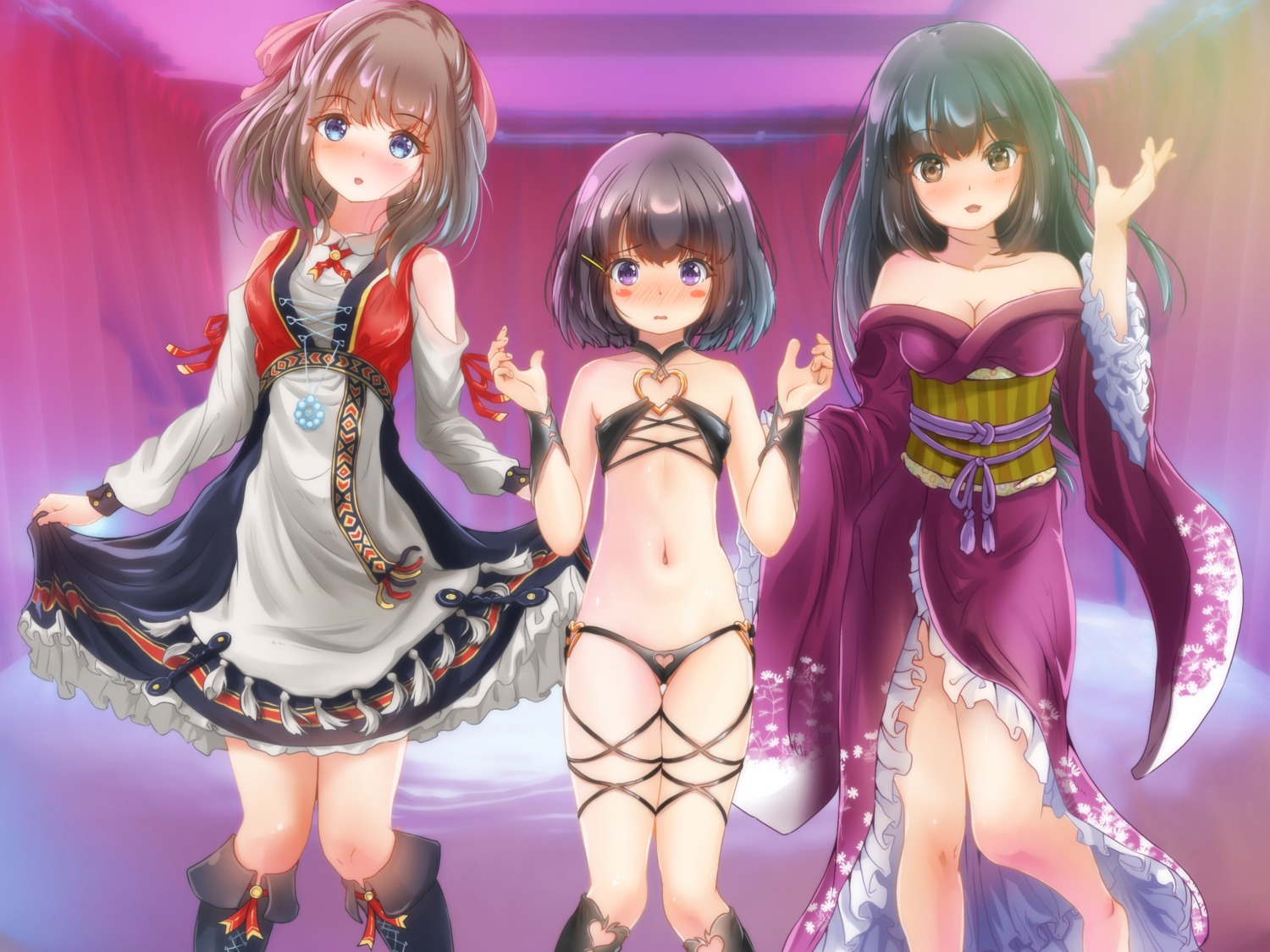 bikini cameltoe cleavage dress garter loli no_bra open_shirt skirt_lift swimsuits tachiinu thong yukata