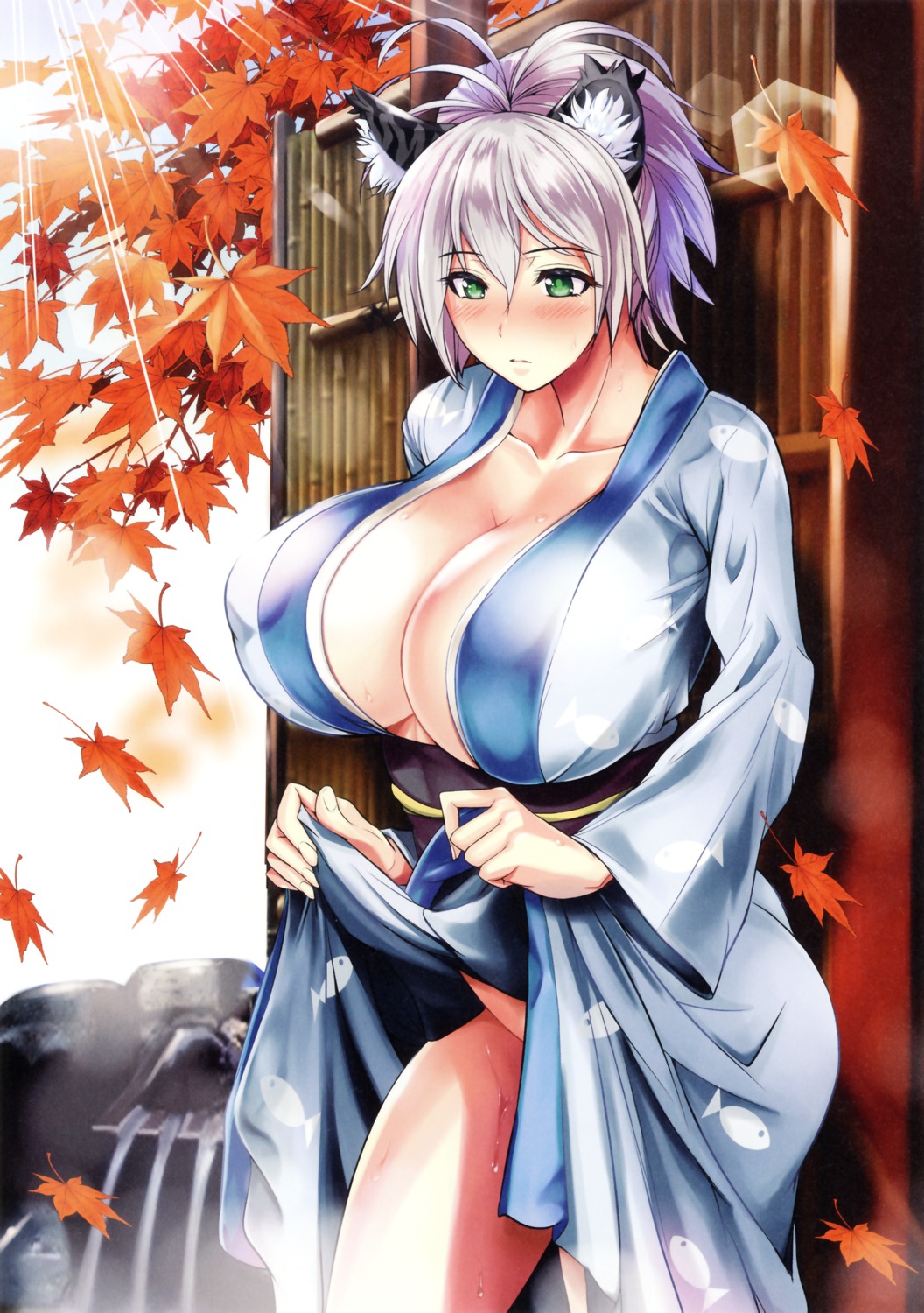 animal_ears cleavage erect_nipples fueta_kishi kimono no_bra nopan skirt_lift wet