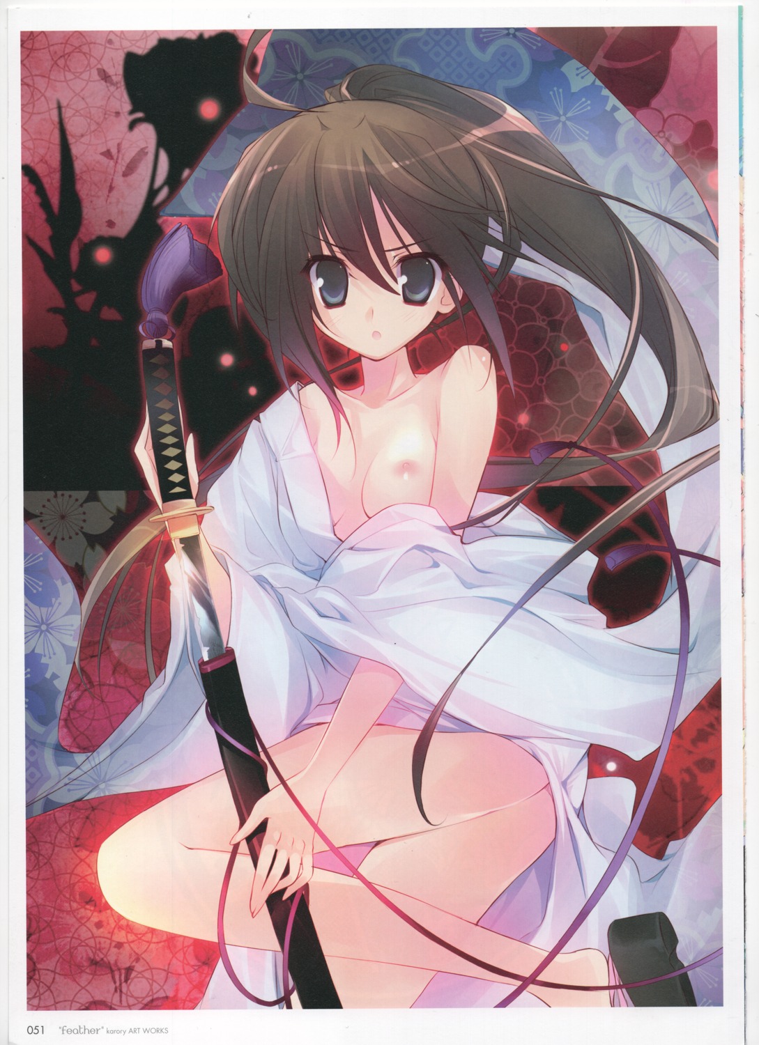 breasts japanese_clothes karory nipples no_bra open_shirt raw_scan skirt_lift sword