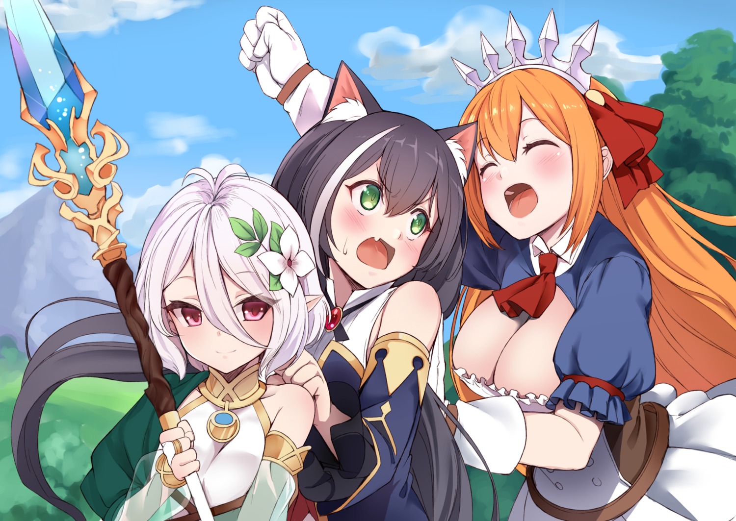 animal_ears baicha cleavage karyl_(princess_connect) kokkoro pecorine princess_connect princess_connect!_re:dive weapon