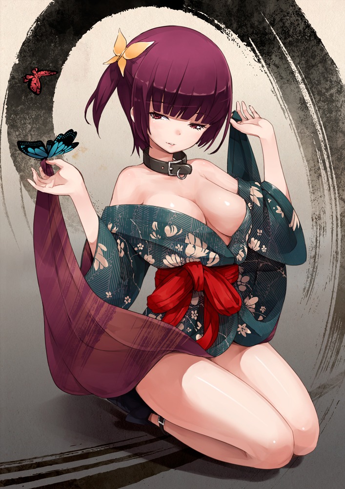 cleavage kimono maeda_risou no_bra nopan thighhighs