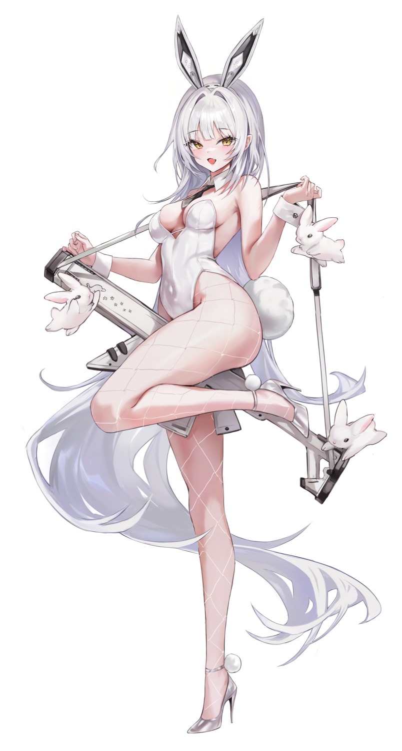 animal_ears blanc_(nikke) bunny_ears bunny_girl fishnets goddess_of_victory:_nikke gun heels no_bra pantyhose r0_0ong tail