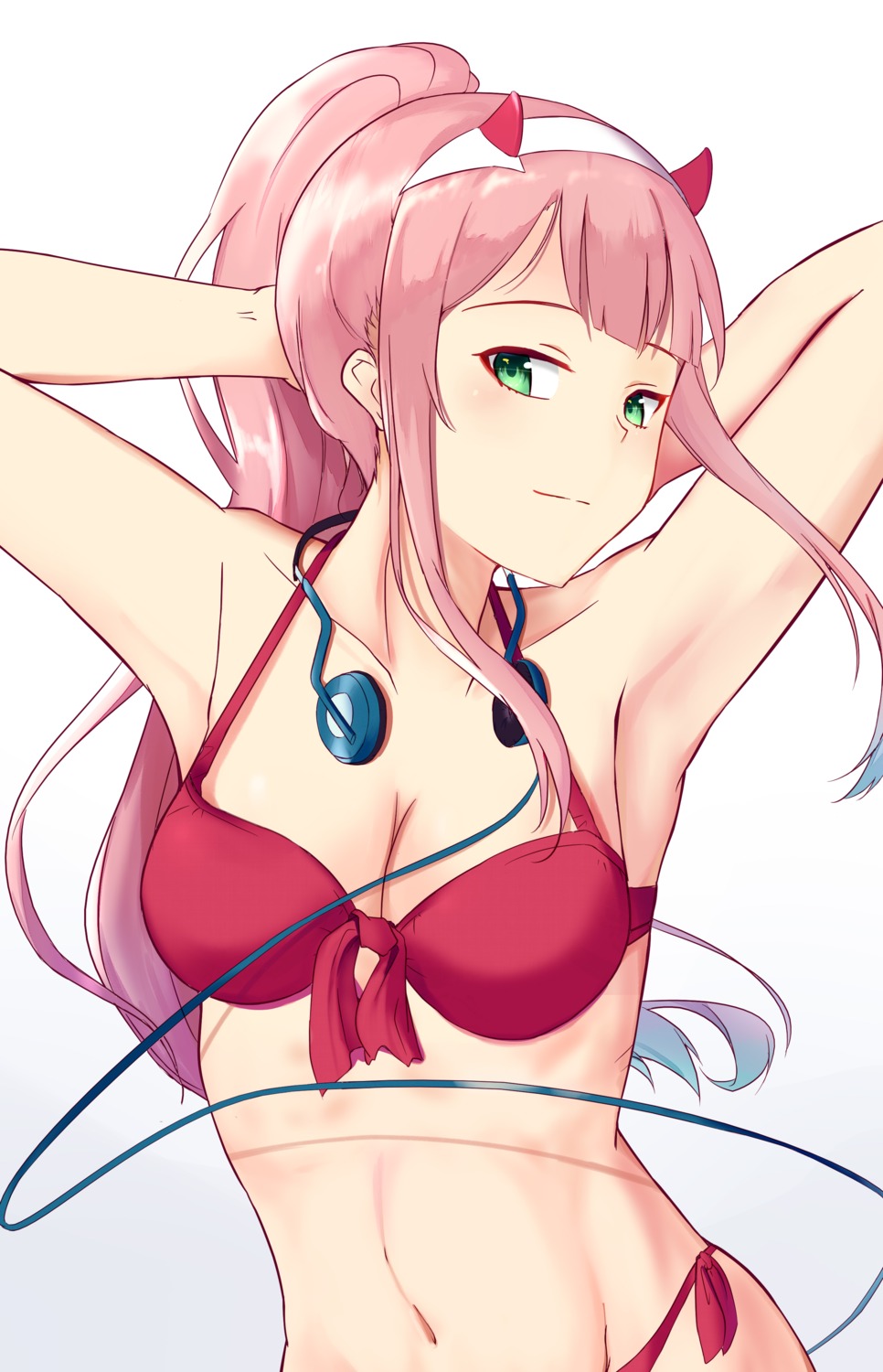 bikini cleavage darling_in_the_franxx headphones horns kara_(artist) swimsuits zero_two_(darling_in_the_franxx)