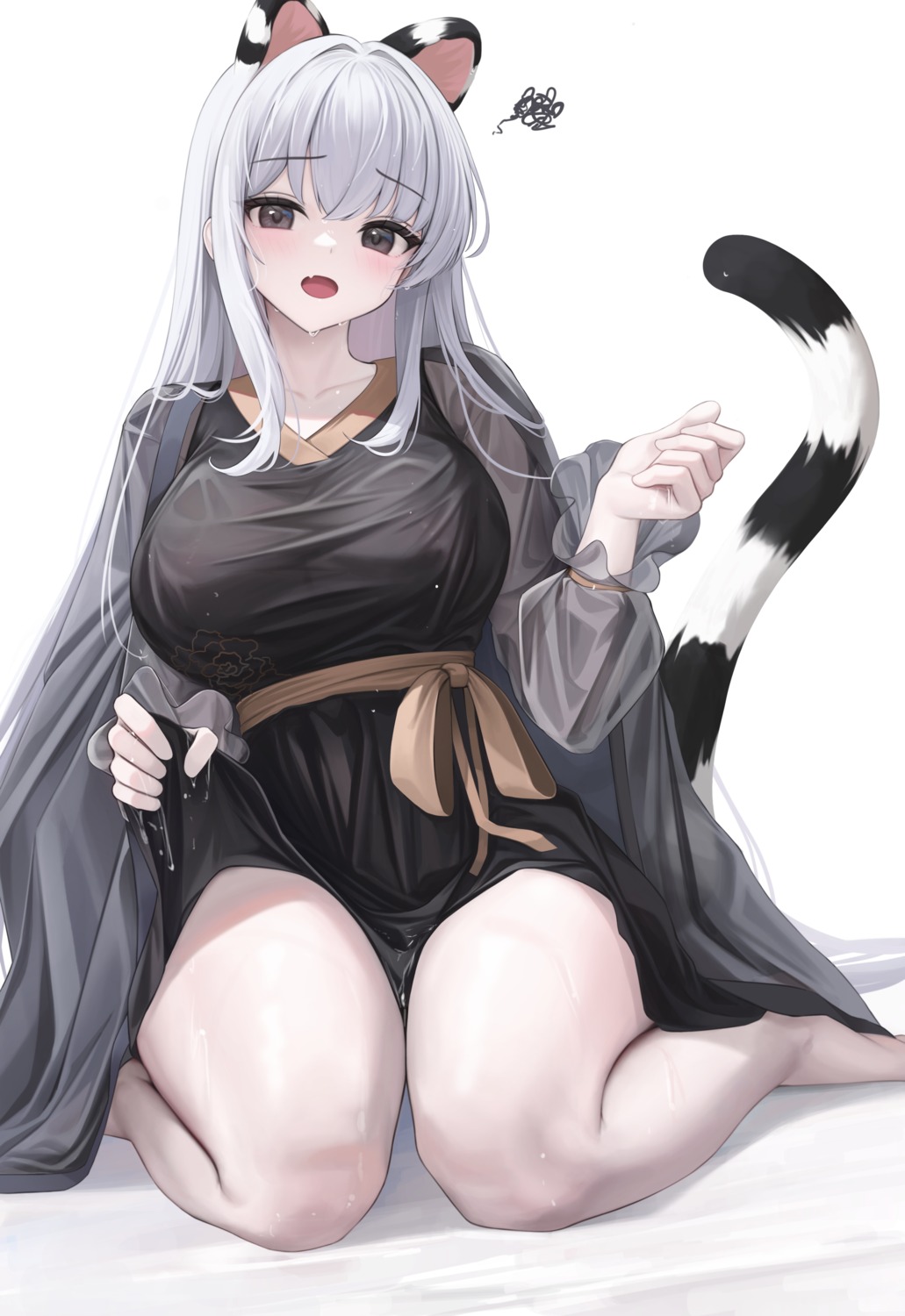 animal_ears asian_clothes erect_nipples g_home see_through skirt_lift tail wet_clothes